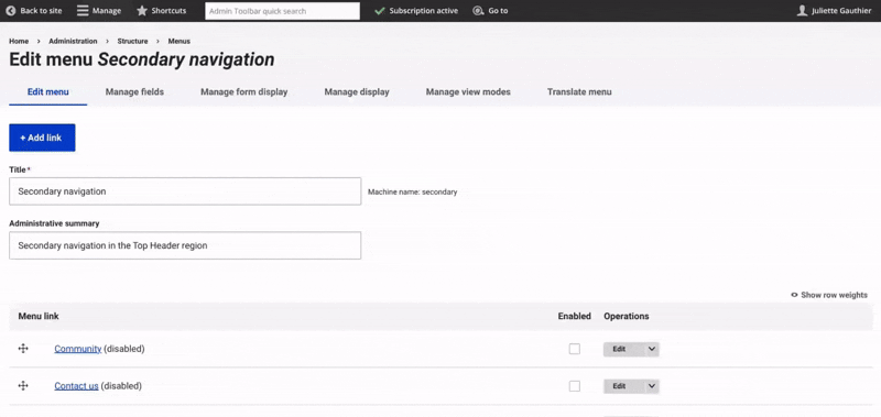 secondary navigation  set up