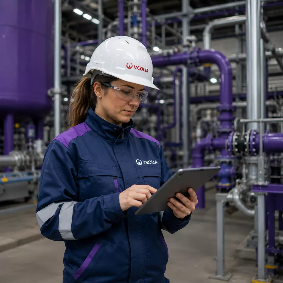 veolia worker woman in purple